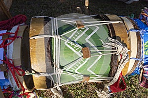 Detail of the drums, percussion instruments, with colorful decoration used on Congadas, an Afro-Brazilian cultural and religious