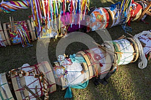 Detail of the drums, percussion instruments, with colorful decoration used on Congadas, an Afro-Brazilian cultural and religious