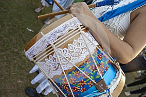 Detail of the drums, percussion instruments, with colorful decoration used on Congadas, an Afro-Brazilian cultural and religious