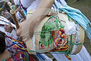 Detail of the drums, percussion instruments, with colorful decoration used on Congadas, an Afro-Brazilian cultural and religious