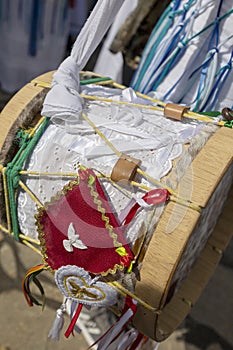 Detail of drums, traditional percussion instruments, used during folcloric cultural and religious events. Brazil