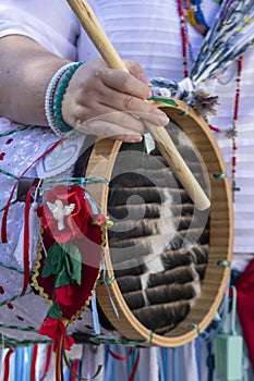 Detail of drums, traditional percussion instruments, used during folcloric cultural and religious events. Brazil