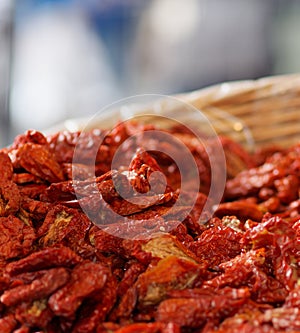 detail of dry tomato at market in italy