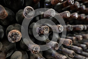 Detail of a dusty old wine bottle aging in a rack surrounded by other old wines