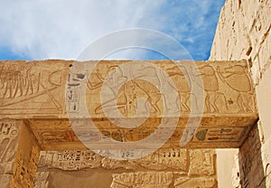 Detail of Egyptian temple, depicted baboons and Pharaoh