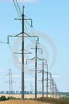 Detail of electricity pylon against blue sky