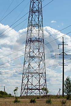 Detail of electricity pylon against blue sky