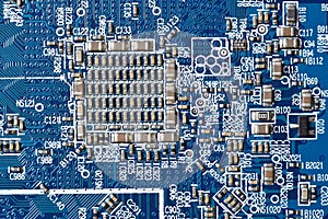 Detail of electronic components and microchips on  a video card. Latest generation Video Card