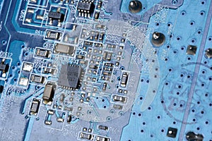 Detail of electronic components and microchips on  a video card. Latest generation Video Card