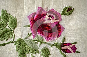 Detail of embroidery of a blooming rose with red-pink petals on a branch with leaves and buds on a white fabric