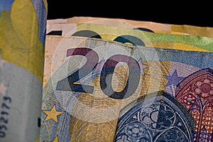 Detail of euro banknote, close up of euro money isolated