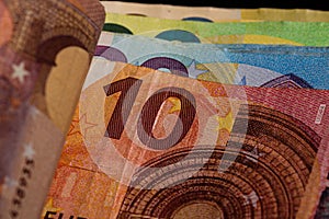 Detail of euro banknote, close up of euro money isolated
