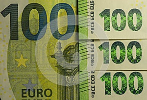 Detail of a 100 euros banknote. Money. Finance. Close up. Selective focus