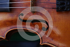 Detail on f-hole and strings of the violin