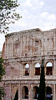 Detail of the facade with arches of the Colosseum (Amphitheatrum Flavium) with trees in front seen from Colle Oppio