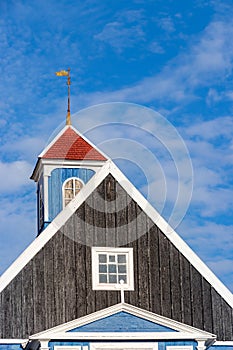 Detail of the facade of the Bethel Blue church 1775 located in Sisimiut.