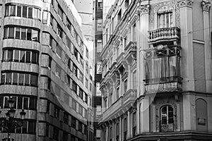 Detail facade building black and white view,Castellon,Spain.