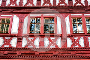 Detail of the facade of a half timbered old house