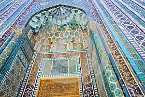 Detail of the facade of the historical holy cemetery of Shahi Zinda in Samarkand, Uzbekistan.