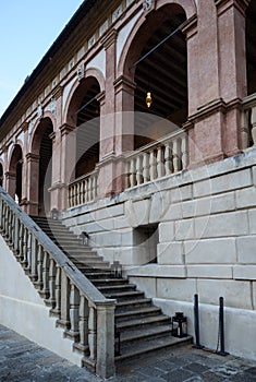 Detail of facade with imposing staircase of an old Italian villa