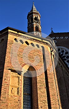 Detail of the facade of one of the chapels of the Basilica del Santo in Padua, illuminated by the sun, close to sunset and of the