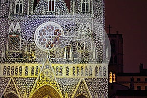 Detail of the facade of Saint-Jean Cathedral, Lyon - France, during the Festival of Lights 2022