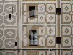 Detail of facade with sgraffito decoration in Barcelona. Spain.