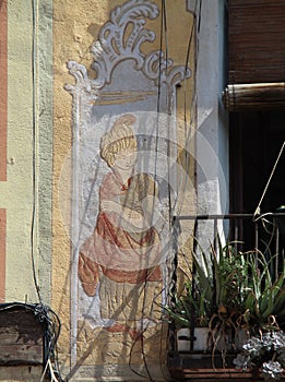 Detail of facade with sgraffito decoration in Barcelona. Spain.