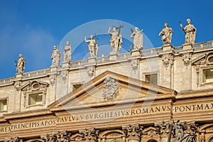 Detail of the facade of St Peter`s basilica in Vatican, Rome Italy