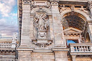 detail of the facade of St. Stephen`s Basilica church in Budapest, Hungary. Main tourist attraction in the city