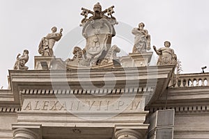Detail of the facade with statues of St. Peter`s Basilica, Rome, Italy.