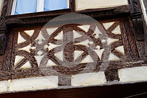 Detail of fachwerkhaus, or timber framing, in Alsace, France