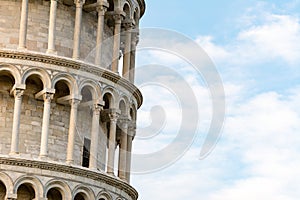 Detail of the famous Leaning tower of Pisa, Tuscany, Italy