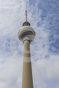 Detail of the famous TV Tower (Fernsehturm) located at Alexanderplatz, in Berlin, capital of Germany.