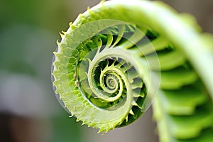 detail of a ferns spiraling frond unfurling