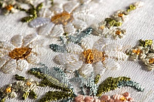 Detail of floral embroidery on a textile