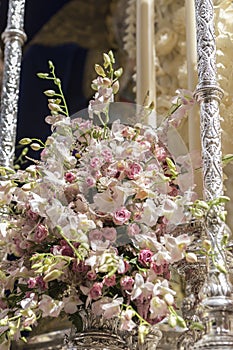 Detail of floral ornamentation on a throne of Holy week, Linares, Andalusia, Spain