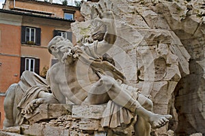 Detail of the Fountain of Four Rivers in Rome, Italy