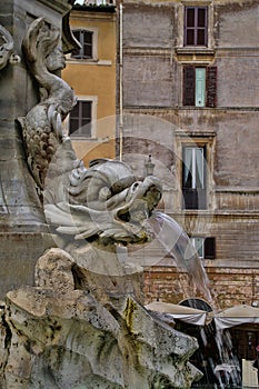 Detail of the Fountain of Pantheon in Rome, Italy