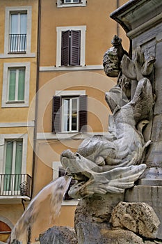 Detail of the Fountain of Pantheon in Rome, Italy