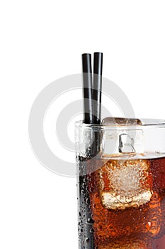 Detail of fresh coke with black straw, summer time