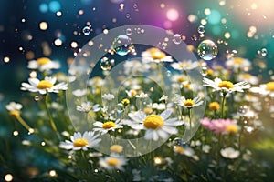 Detail of fresh daisy flowers. Spring flower close up.Meadow full of wonderful fabulous daisies