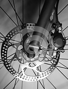 Detail of Front tire of a bicycle with disk brakes