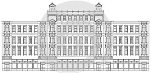 Detail front view house facade building outline contour with shop street panorama, windows, doors and pillars. Vector line art ill