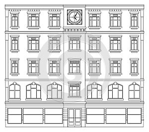 Detail front view house facade building outline contour with shop street panorama, windows, doors and pillars. Vector line art ill