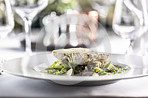 Detail of a fthick ish fillet on top of a salad of green vegetables