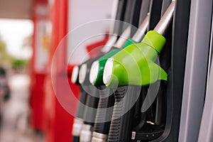 Detail of fuel pumps in european gas station - inflation, rising prices, economy, speculation concept