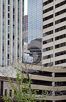 Detail of futuristic skyscrapers in Denver in USA