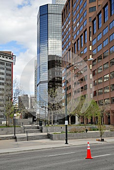 Detail of futuristic skyscrapers in Denver in USA