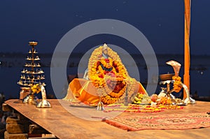 Detail of Gangotri Seva Samiti at Aarti Ceremony in The Ganges River in Varanasi, India